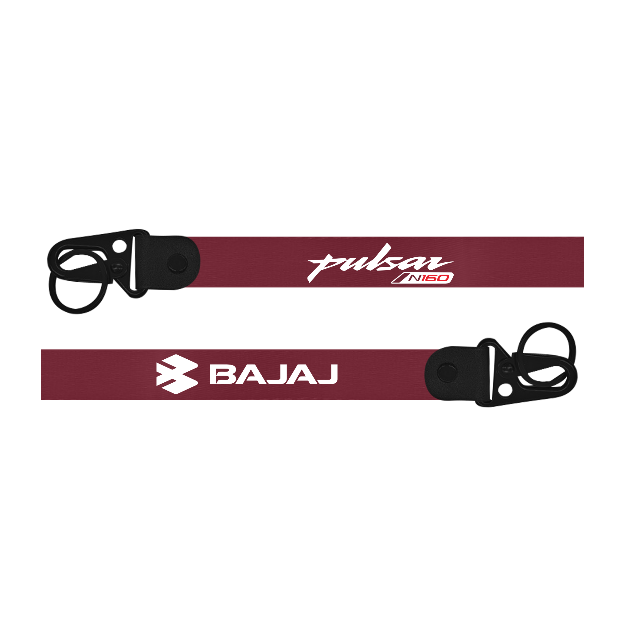 Two motorcycle seatbelts with 'Pulsar' and 'Bajaj' branding on a white background
