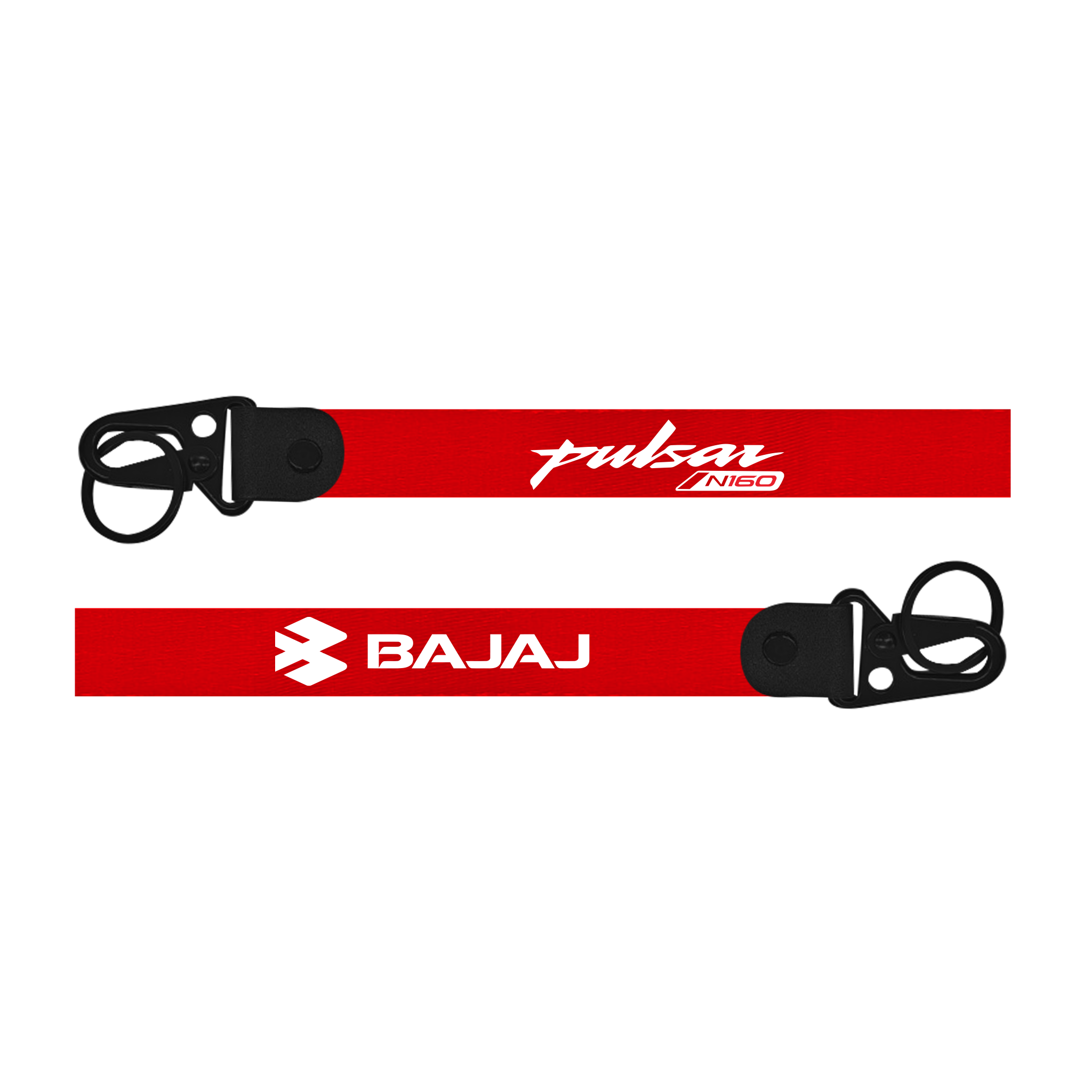 Two red lanyards with 'Pulsar' and 'Bajaj' logos on a white background