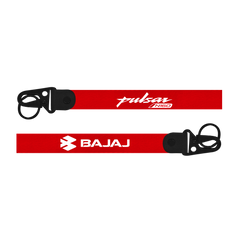 Two red lanyards with 'Pulsar' and 'Bajaj' logos on a white background