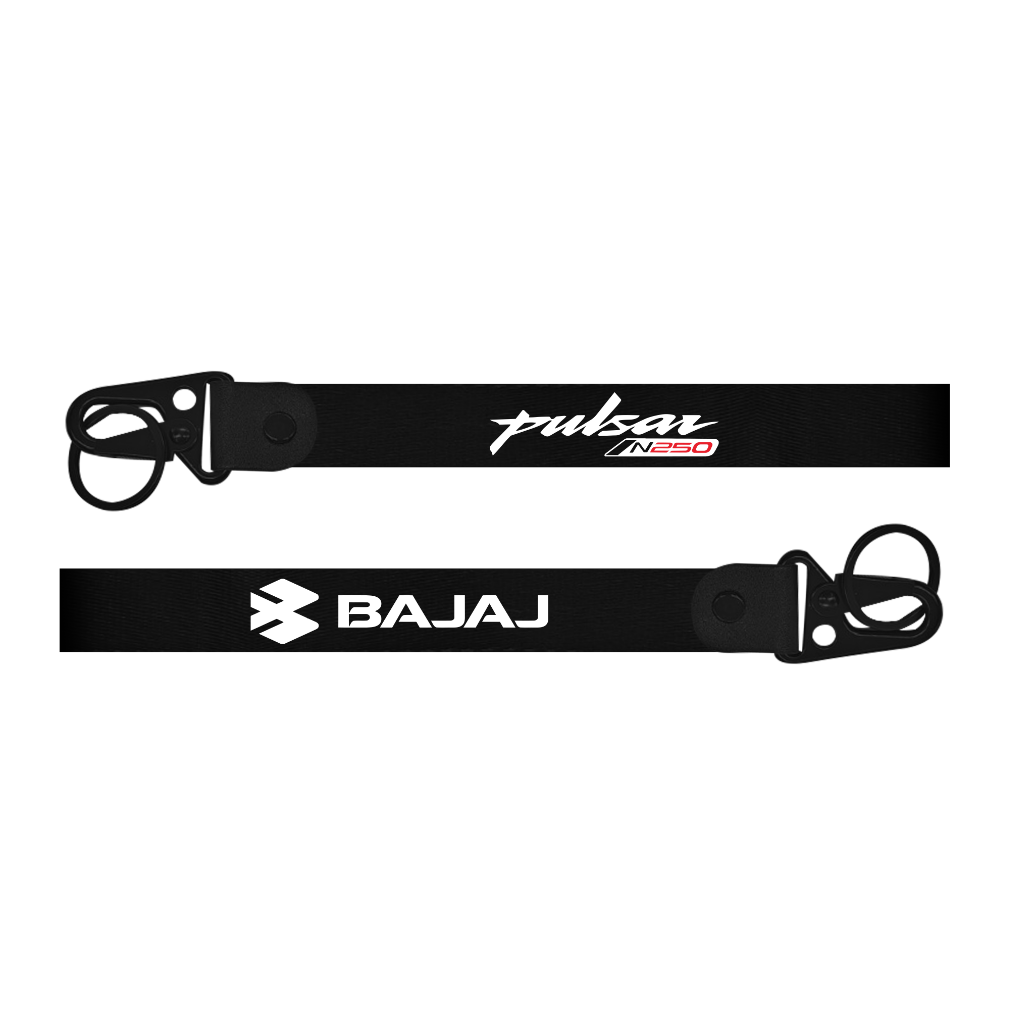 Two black lanyards with 'Pulsar' and 'Bajaj' branding on a white background