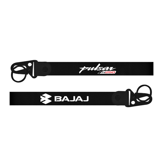 Two black lanyards with 'Pulsar' and 'Bajaj' branding on a white background