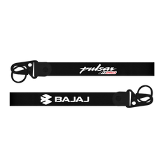 Two black lanyards with 'Pulsar' and 'Bajaj' branding on a white background