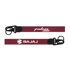 Maroon lanyard with Bajaj and Pulsar logos on a white background