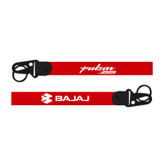 Two red lanyards with 'Pulsar' and 'Bajaj' logos on a white background