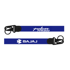 Two blue keychains with 'Pulsar NS200' and 'Bajaj' branding on a white background.