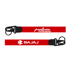 Red lanyard with 'Pulsar NS200' and 'Bajaj' branding on a white background