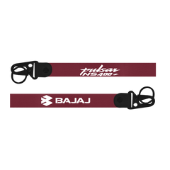 Two maroon lanyards with black attachments featuring 'Bajaj' and 'Pulsar NS400' logos on a white background.