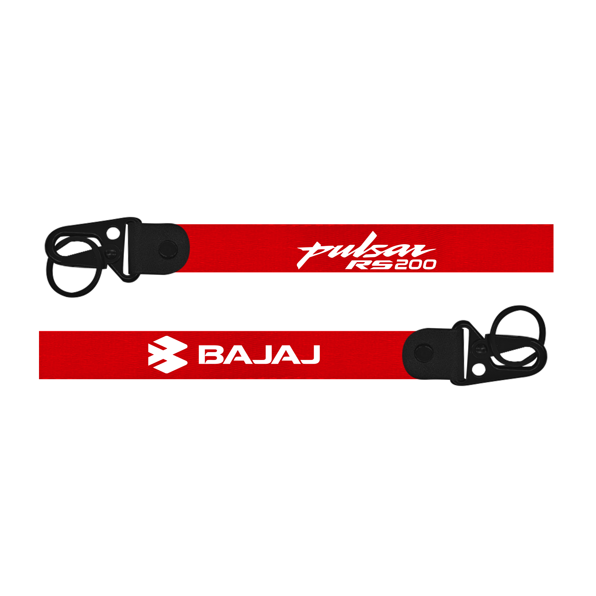 Two red lanyards with 'Pulsar RS200' and 'Bajaj' branding on a white background.