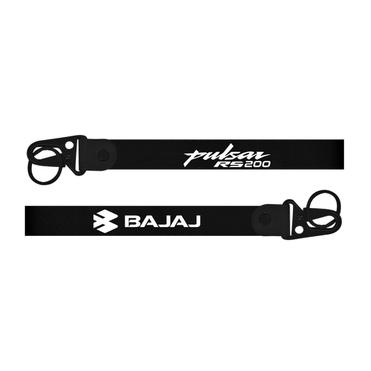 Two black straps with 'Pulsar RS200' and 'Bajaj' branding on a white background