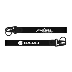Two black straps with 'Pulsar RS200' and 'Bajaj' branding on a white background