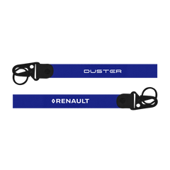 Two blue carabiners with 'Duster' and 'Renault' branding on a white background