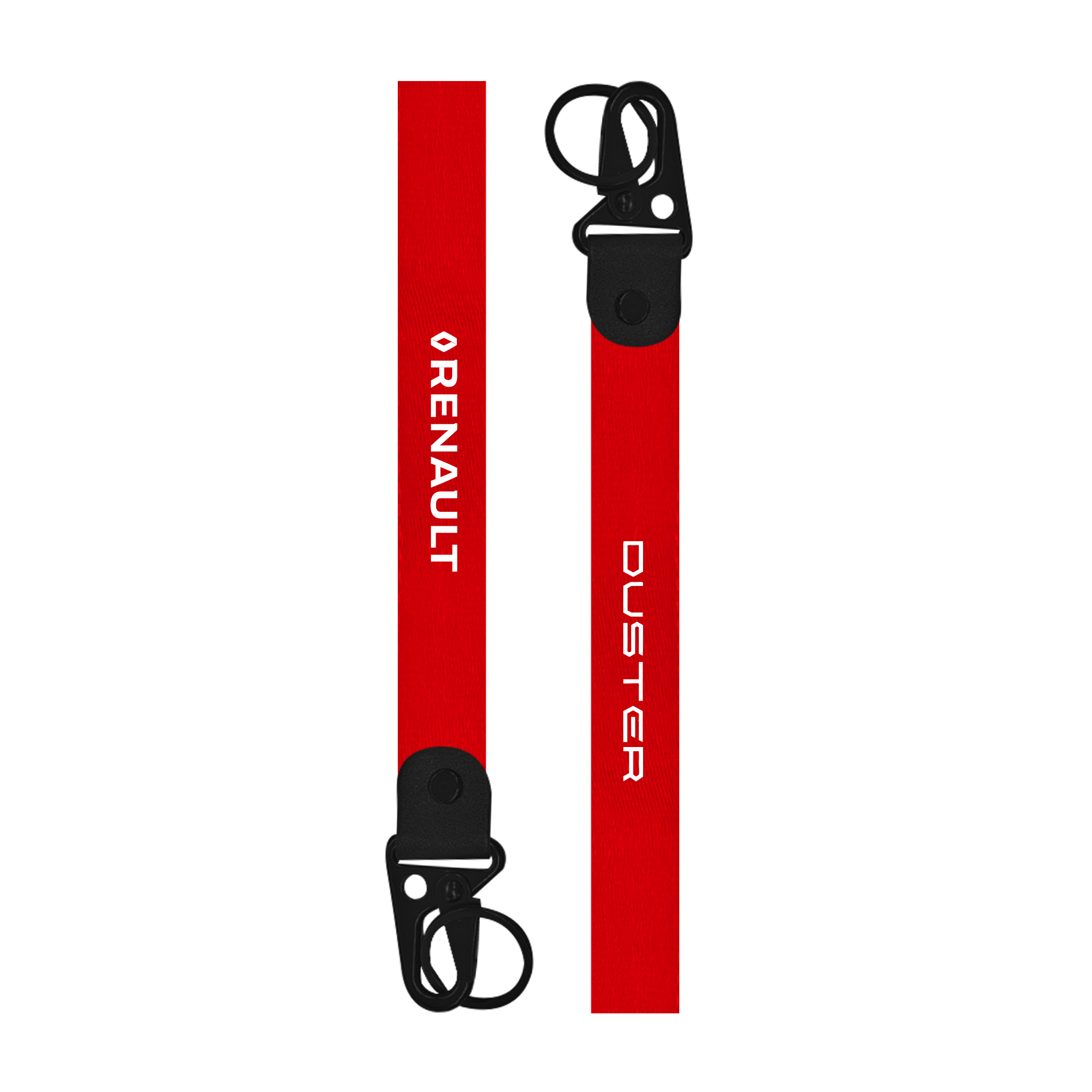 Red lanyard with 'Duster' and 'Renault' branding on a white background