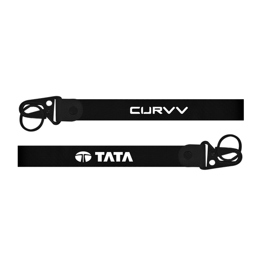 Two black lanyards with 'CURVV' and 'TATA' branding on a white background