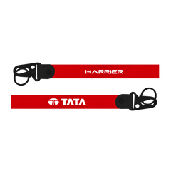 Two red lanyards with 'Harrier' and 'Tata' branding on a white background