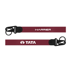 Two maroon lanyards with 'Harrier' and 'Tata' branding on a white background
