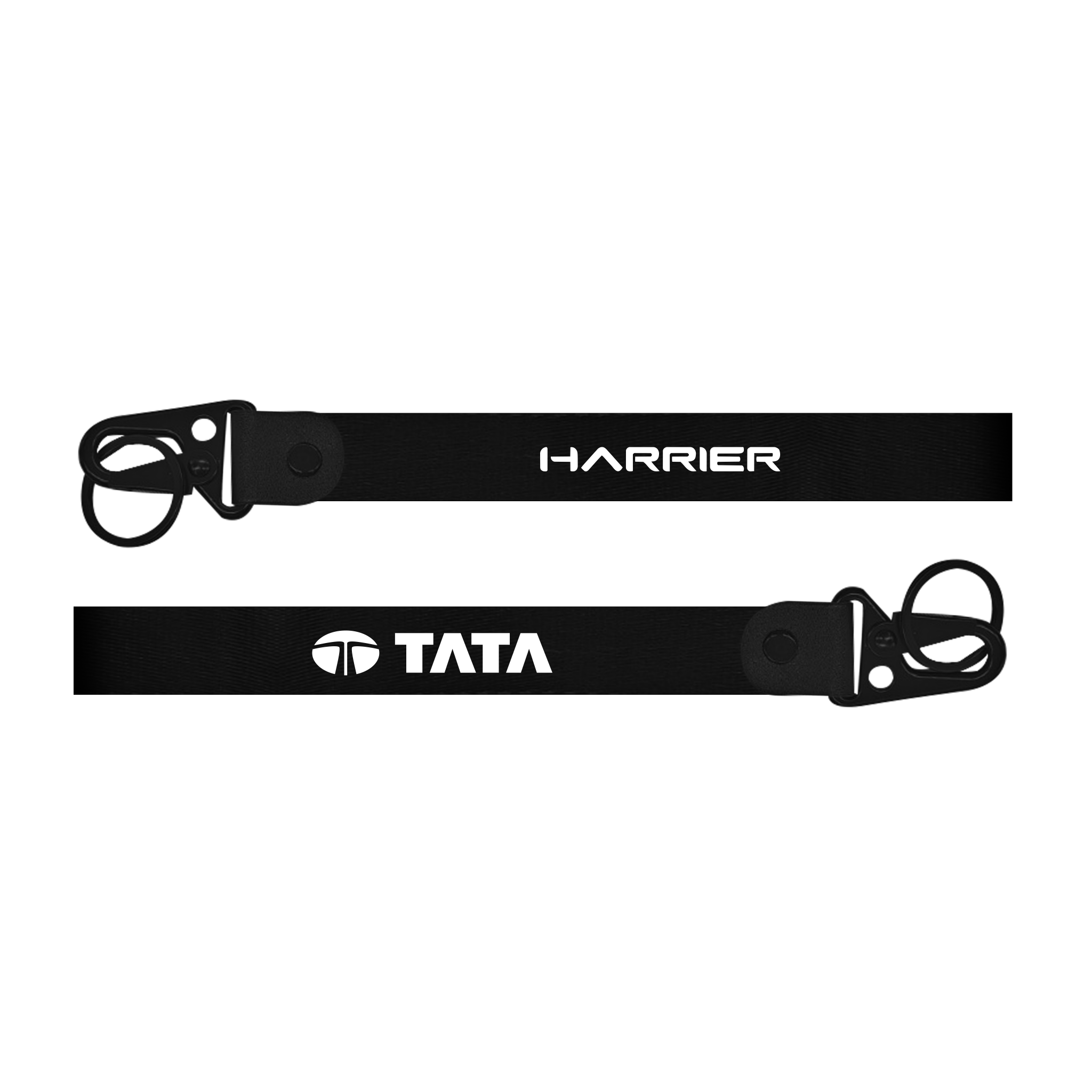 Two black lanyards with 'Harrier' and 'Tata' branding on a white background