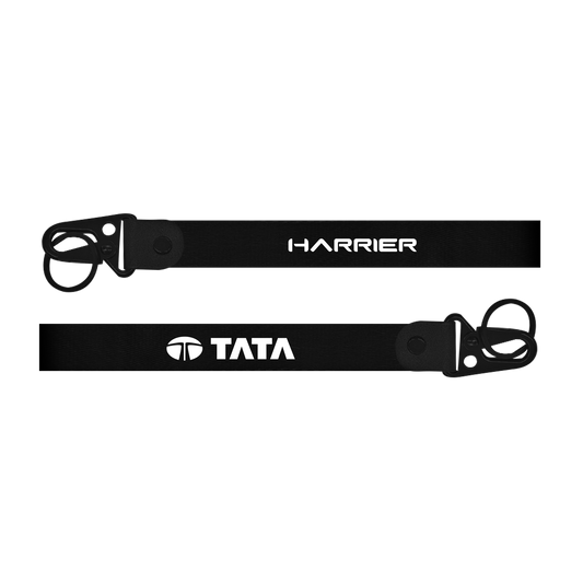 Two black lanyards with 'Harrier' and 'Tata' branding on a white background