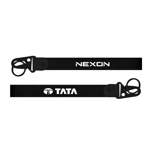 Two black straps with 'Nexon' and 'Tata' logos on a white background