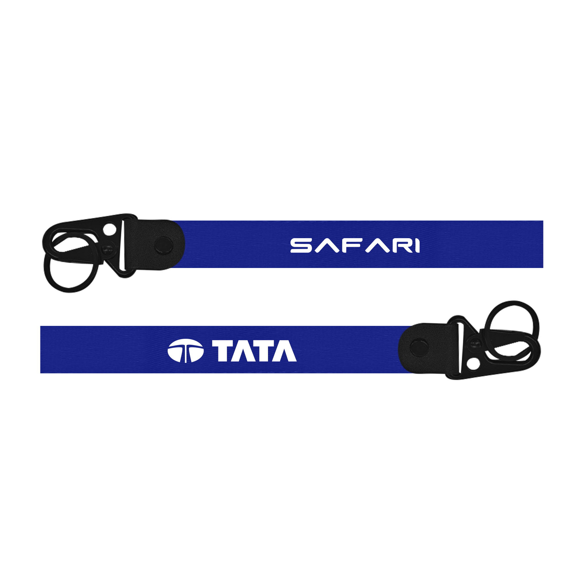 Two blue lanyards with 'Safari' and 'Tata' branding on a white background