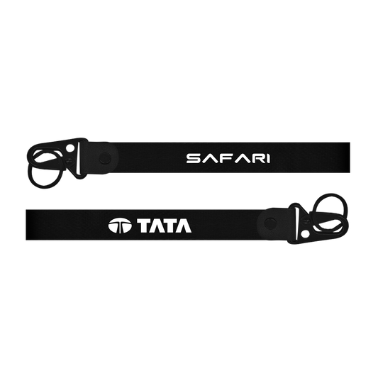 Two black belts with 'Safari' and 'Tata' branding on a white background
