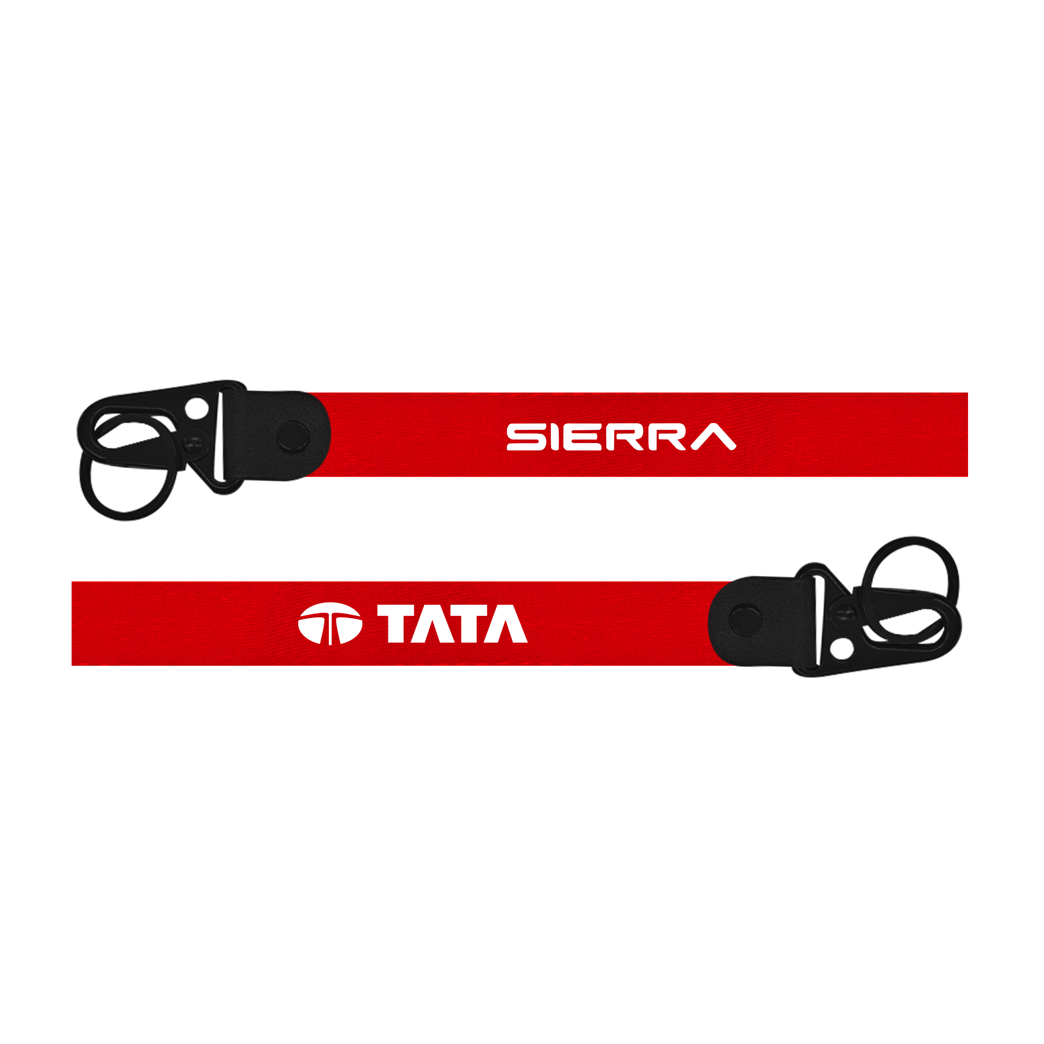 Two red lanyards with 'Sierra' and 'Tata' logos on a white background