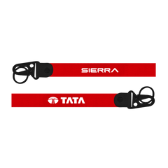 Two red lanyards with 'Sierra' and 'Tata' logos on a white background