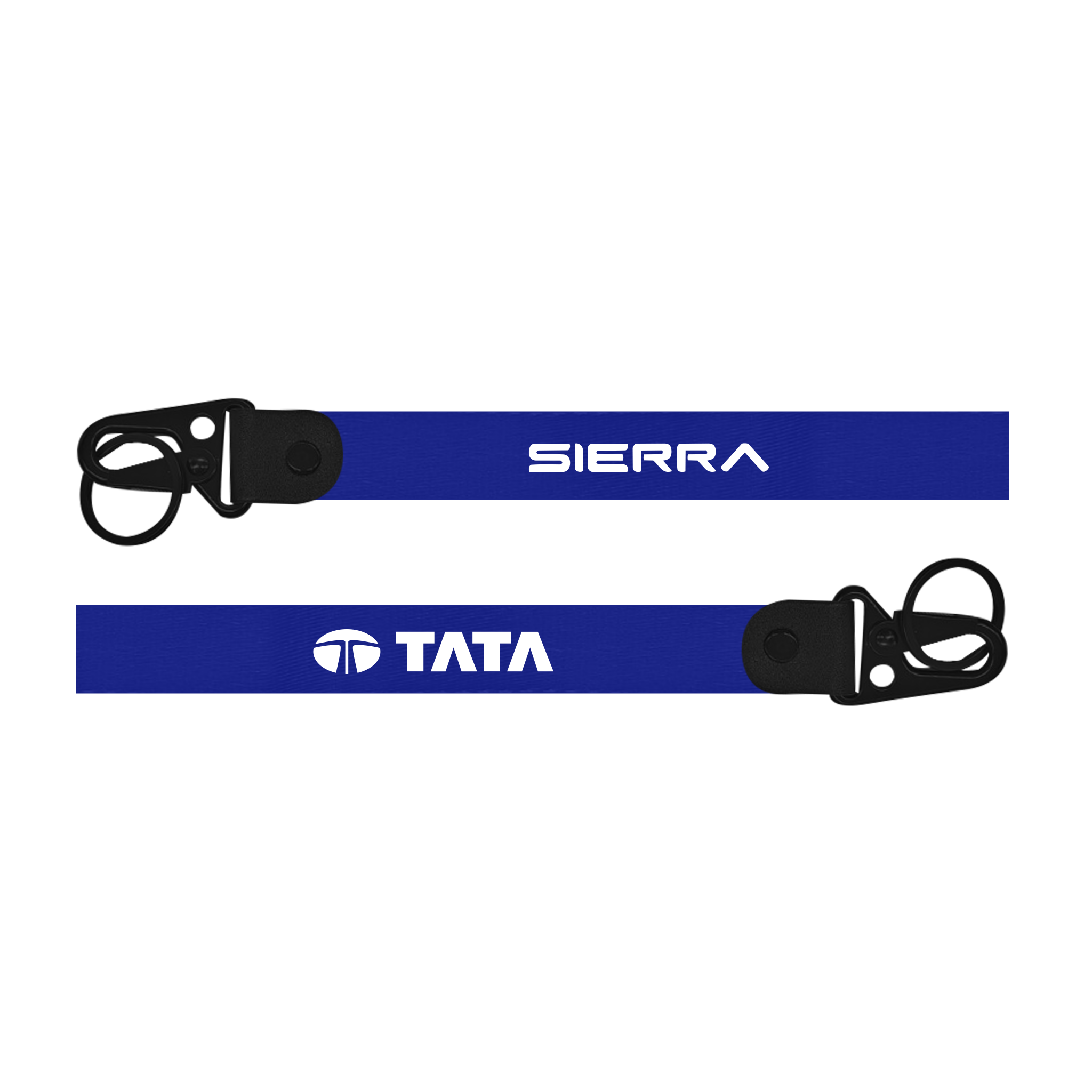 Two blue lanyards with 'Sierra' and 'Tata' logos on a white background