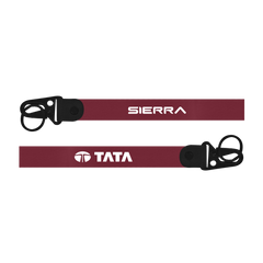 Two maroon lanyards with 'Sierra' and 'Tata' logos on a white background