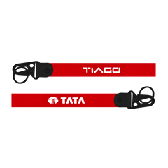 Two red lanyards with 'Tiago' and 'Tata' logos on a white background