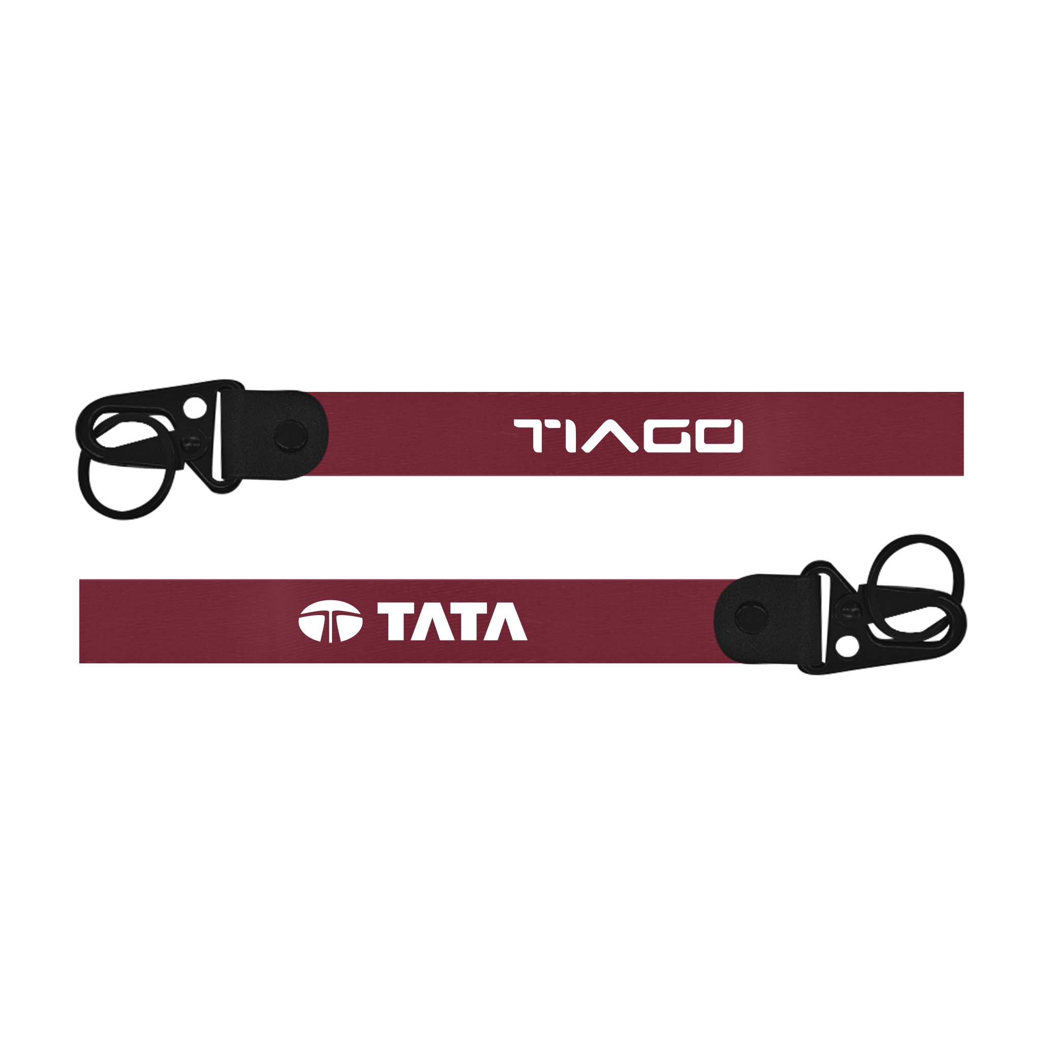 Two maroon lanyards with 'Tiago' and 'Tata' logos on a white background