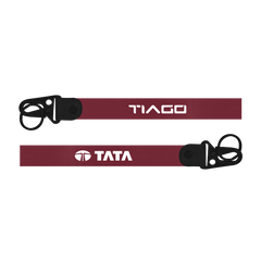 Two maroon lanyards with 'Tiago' and 'Tata' logos on a white background