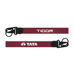 Two maroon lanyards with 'Tigor' and 'Tata' logos on a white background