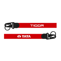 Two red lanyards with 'Tigor' and 'Tata' branding on a white background