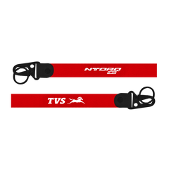Two red lanyards with black attachments featuring 'TVS' and 'Ntorq' logos on a white background.