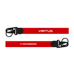 Red lanyard with 'Virtus' and 'Volkswagen' logos on a white background